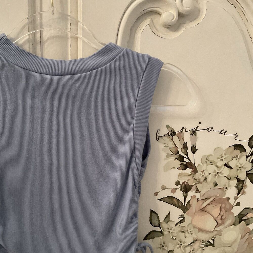 Lulus New Level Tank Women's XS Dusty Blue Ribbed Ruched Cropped Top - Picture 10 of 13